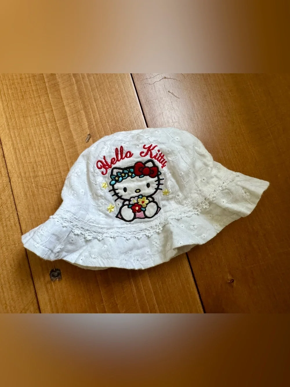 Hello Kitty White Eyelet Embroidered Bucket Sun Hat